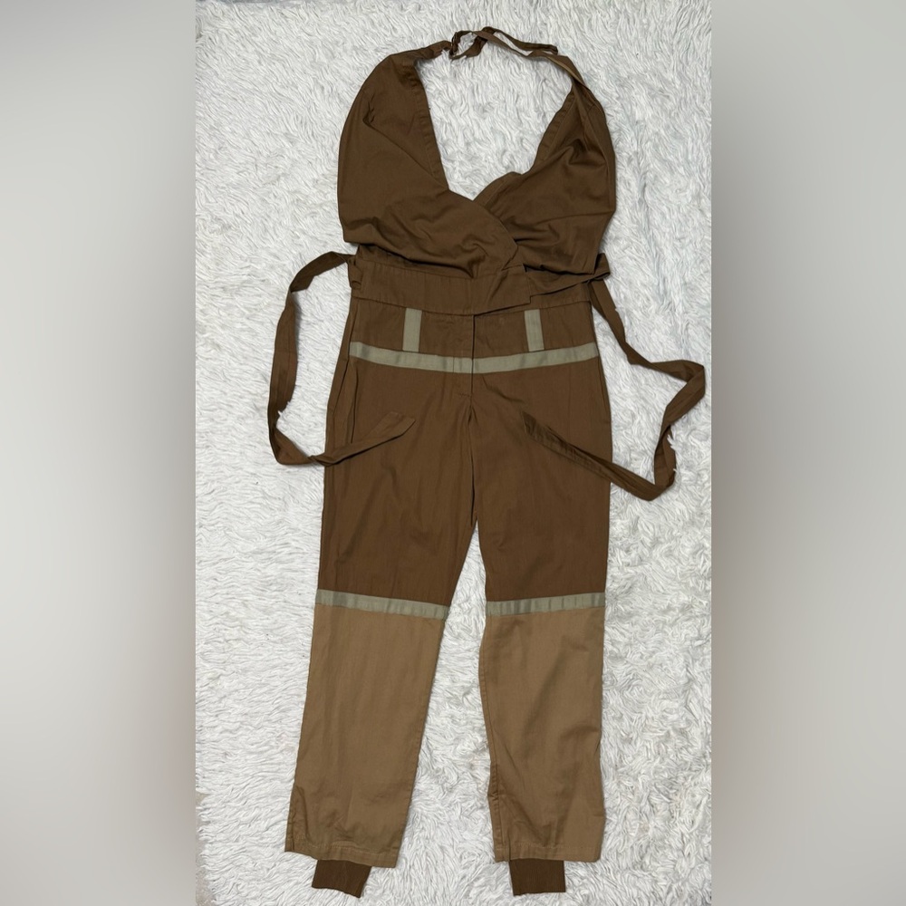 PINKO Utility Jumpsuit Brown Halter Wrap 11D3J6-2680 Womens Size 4 Small